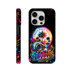 Turbo Petrolhead iPhone case featuring colorful turbocharger art, Urban Palm Trees sunset, and graffiti text on a splatter background.
