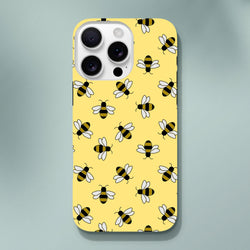 Yellow iPhone case featuring a cute repeating pattern of black and yellow bumble bees on a bright background for everyday protection.