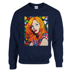 Navy sweatshirt with a vibrant retro pop-art print of a blonde woman and colorful circular background.