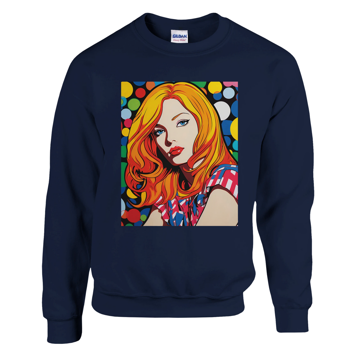 Navy sweatshirt with a vibrant retro pop-art print of a blonde woman and colorful circular background.