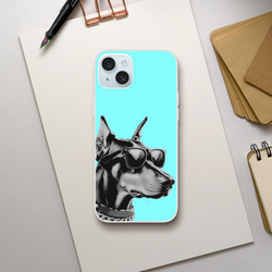 Cool Dog iPhone Case (13-16) retro blue with a dog wearing sunglasses; slim matte, shock-absorbing TPU.
