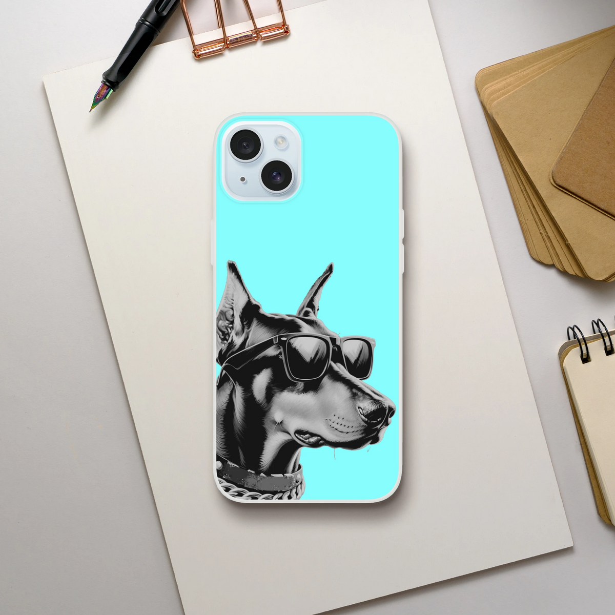 Cool Dog iPhone Case (13-16) retro blue with a dog wearing sunglasses; slim matte, shock-absorbing TPU.