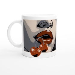 Retro pop-art mug with bold red lips and cherries on glossy white ceramic.