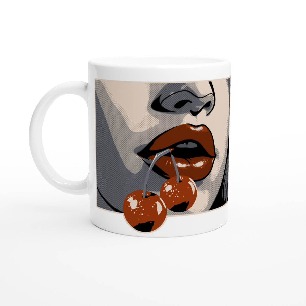 Retro pop-art mug with bold red lips and cherries on glossy white ceramic.