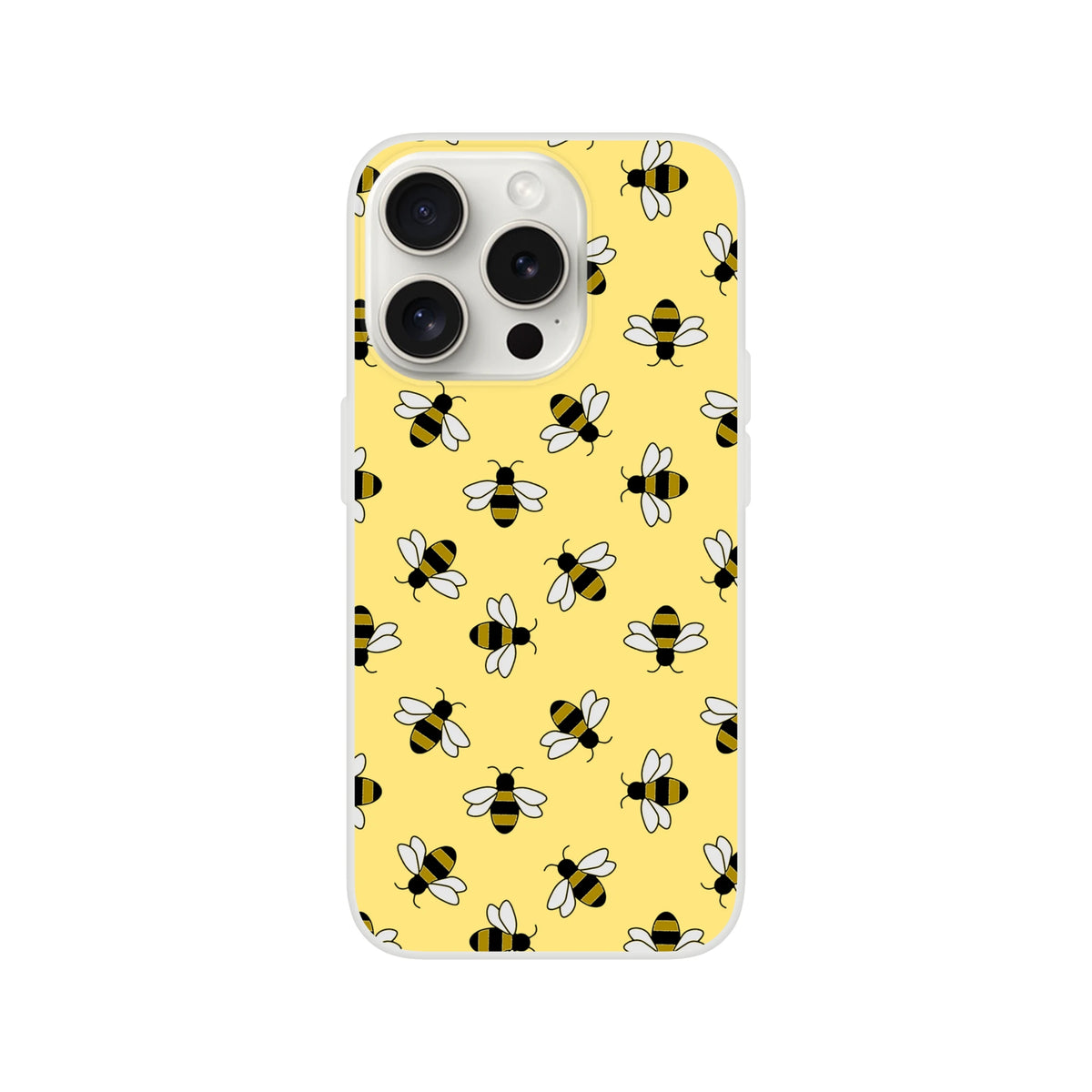 Yellow honey bee patterned iPhone case for 13–16 with playful bee motif.