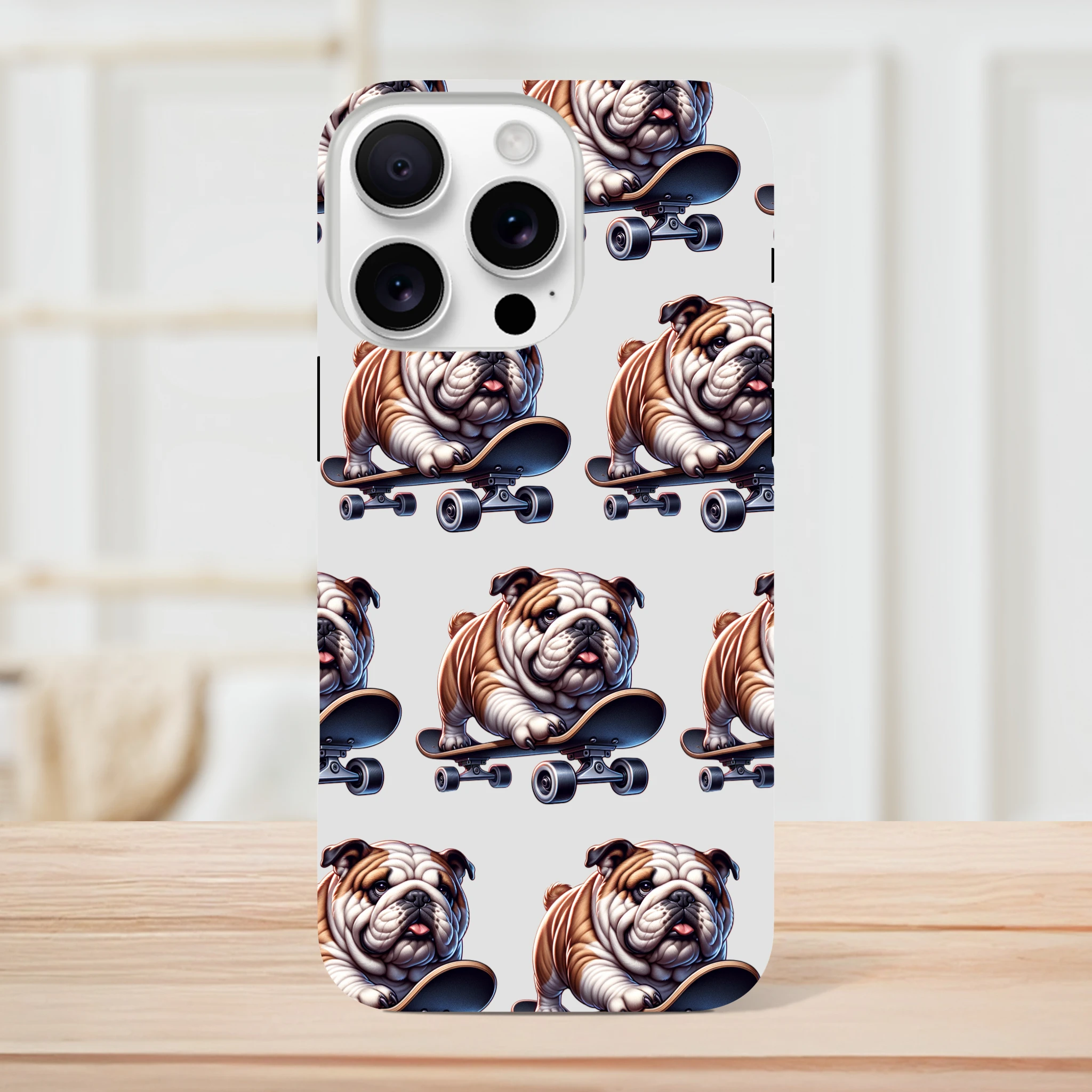 British Bulldog skateboard print tough protective case for iPhone 16-13 with dual-layer wraparound design.