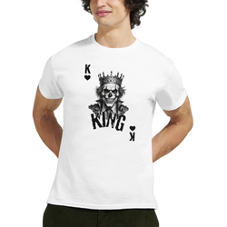 Men's white gothic streetwear tee featuring a crowned King Skull poker card graphic and grunge text design.