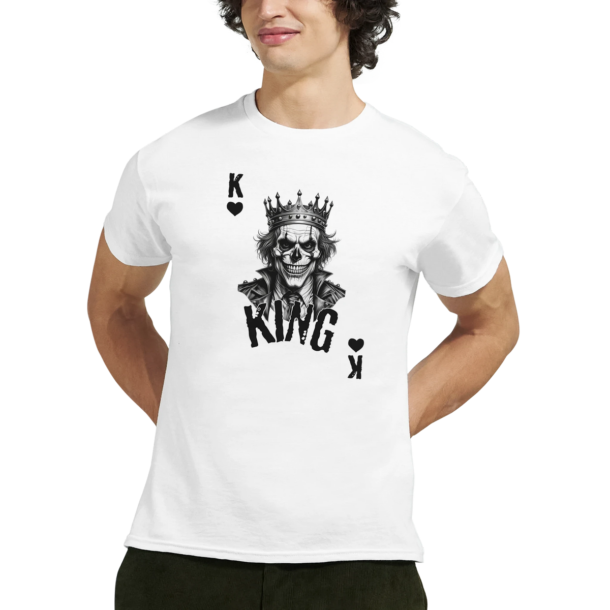 Men's white gothic streetwear tee featuring a crowned King Skull poker card graphic and grunge text design.