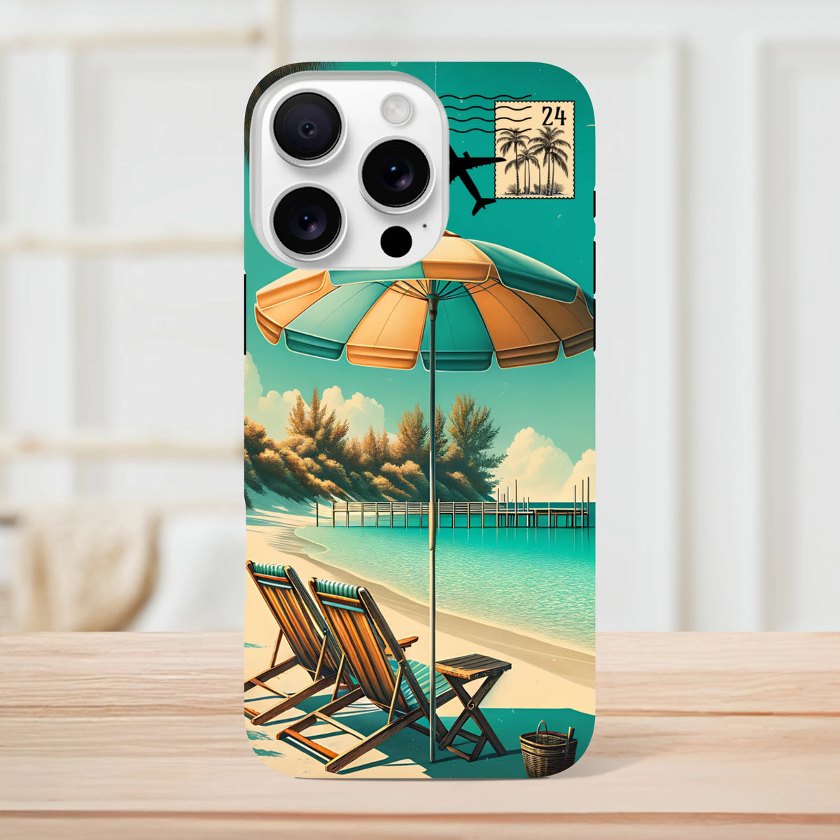 Vintage beach holiday iPhone case featuring retro art of deck chairs, striped umbrella, pier, and palm tree post stamp.