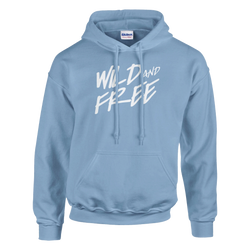 Light blue women's hoodie with bold Wild and Free slogan, cozy streetwear.