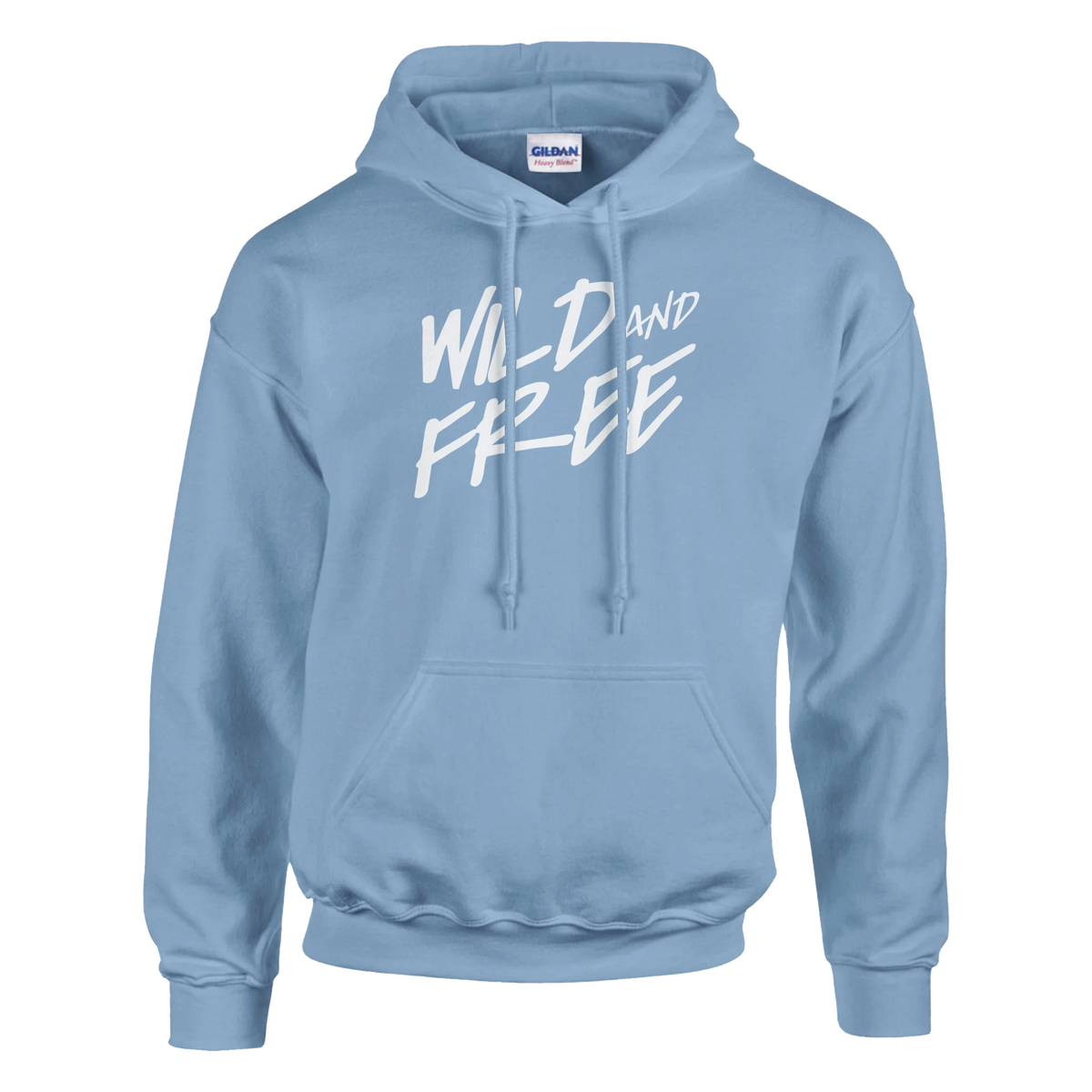 Light blue women's hoodie with bold Wild and Free slogan, cozy streetwear.