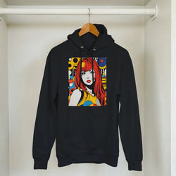 Black pullover hoodie featuring bold retro pop art graphic of a red-haired woman surrounded by colorful geometric shapes.