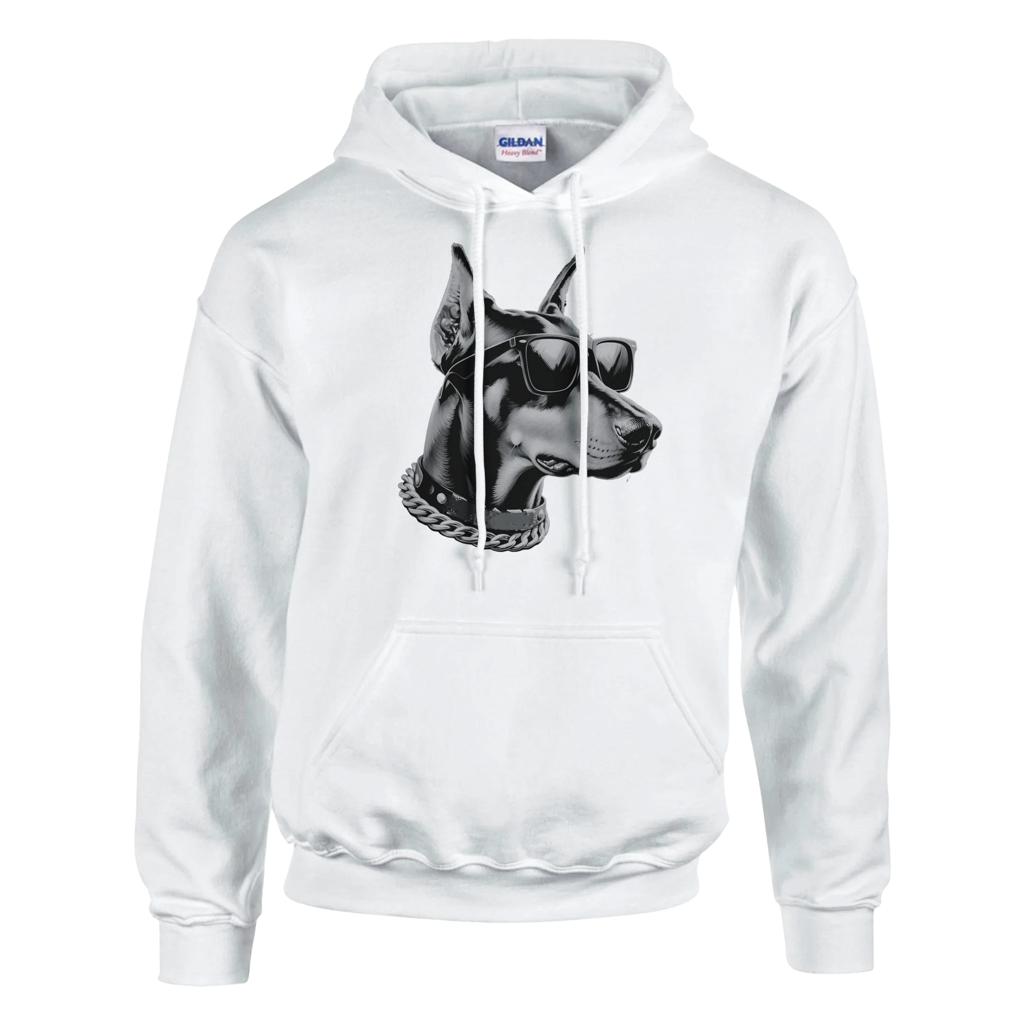 Gangster Dog Jumper: white hoodie with a graphic of a dog wearing sunglasses and a chain.