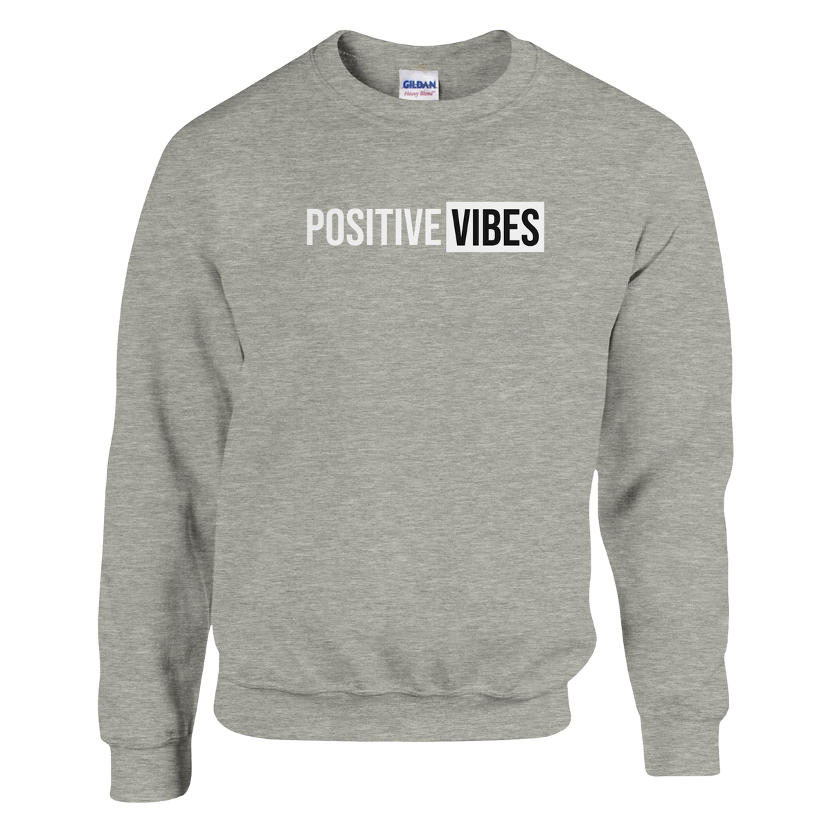 Light gray women's sweatshirt with POSITIVE VIBES graphic in white letters inside a black box.