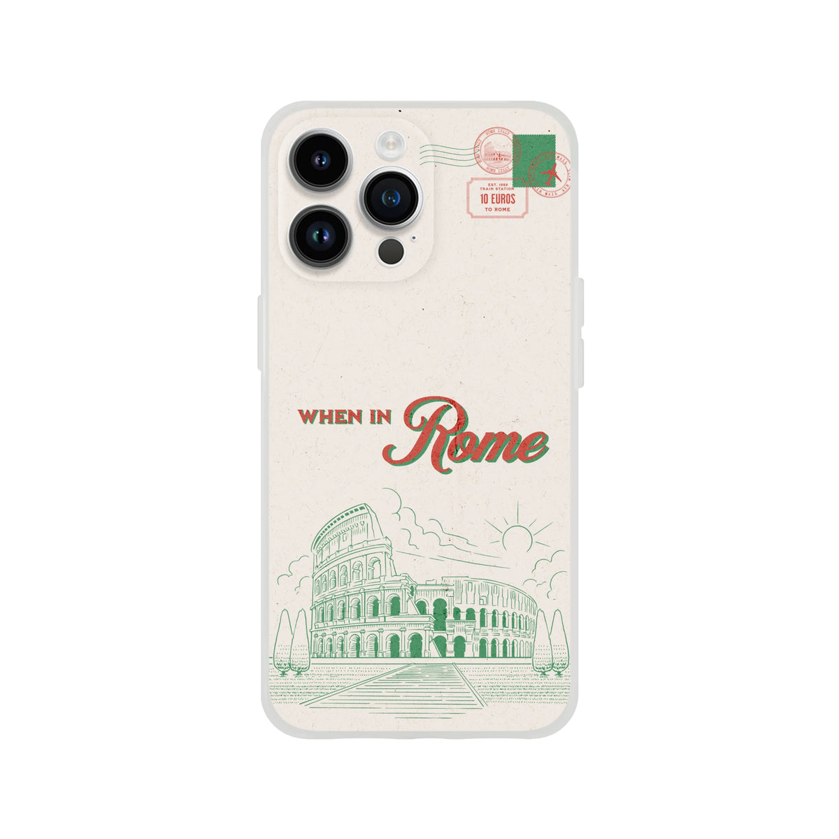 Rome postcard-style iPhone case (13-16) with Colosseum illustration, vintage travel souvenir design.