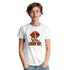 Woman wearing white Lips graphic T-shirt with red lips and finger to lips, 'Shut Up' design.
