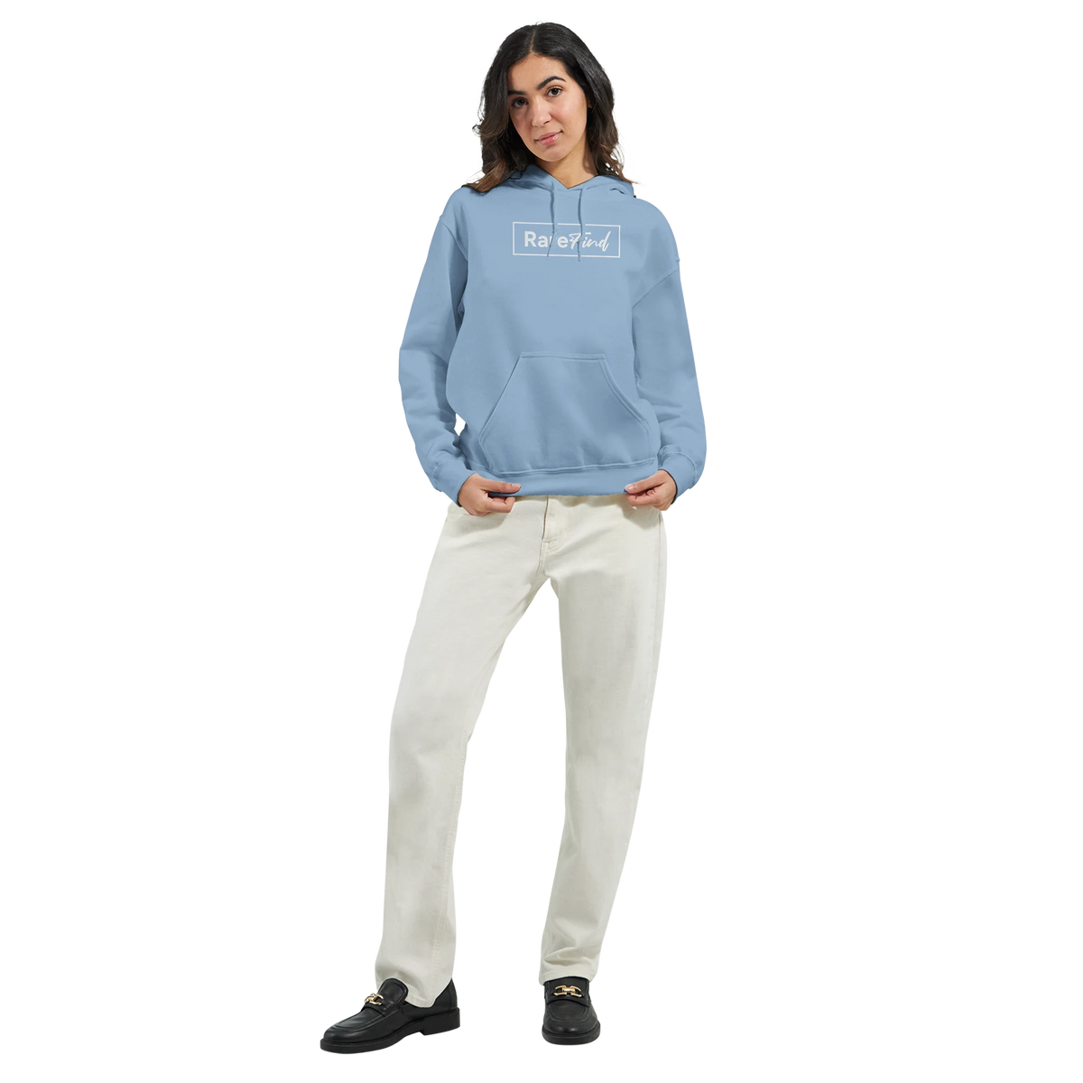Woman wearing light blue hoodie with Rare Find logo, front pouch pocket, double-lined hood.