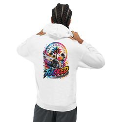 Back view of a white petrohead streetwear hoodie featuring a colorful "Tucked" graphic with a lowered car, palm trees, and urban sunset design.