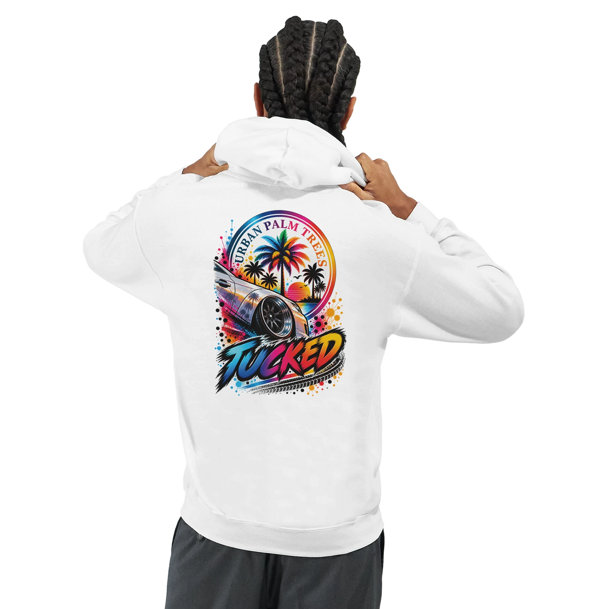 Back view of a white petrohead streetwear hoodie featuring a colorful "Tucked" graphic with a lowered car, palm trees, and urban sunset design.