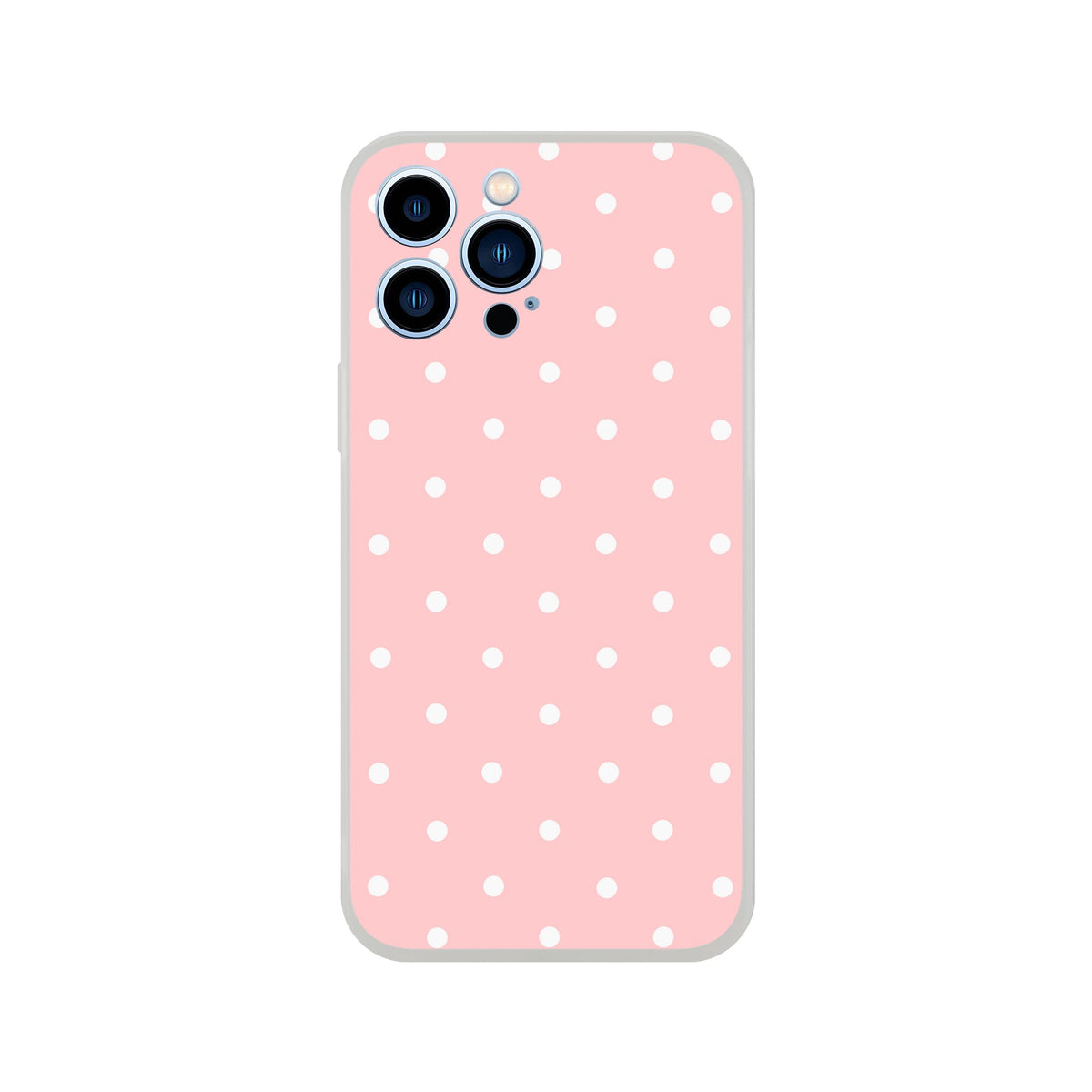 Retro pastel pink iPhone case with white polka dots. Lightweight matte TPU phone cover for drop protection on iPhone 13-16 models.
