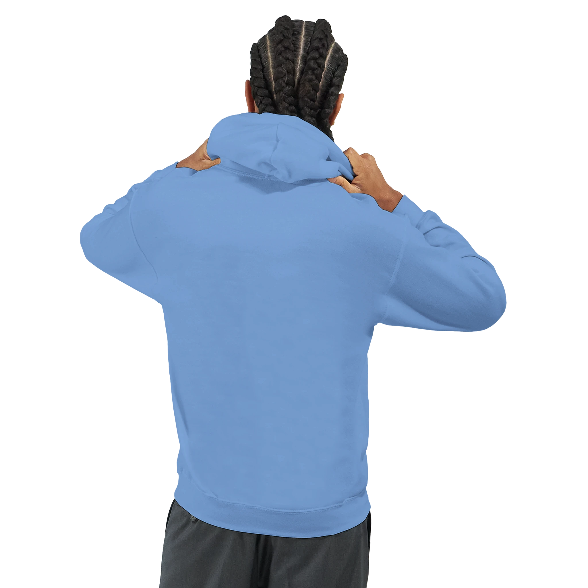Back view of man wearing blue cotton-blend Men's Urban Teddy Bear Hoodie.