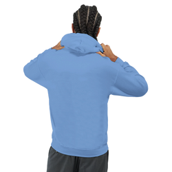 Back view of man wearing blue cotton-blend Men's Urban Teddy Bear Hoodie.