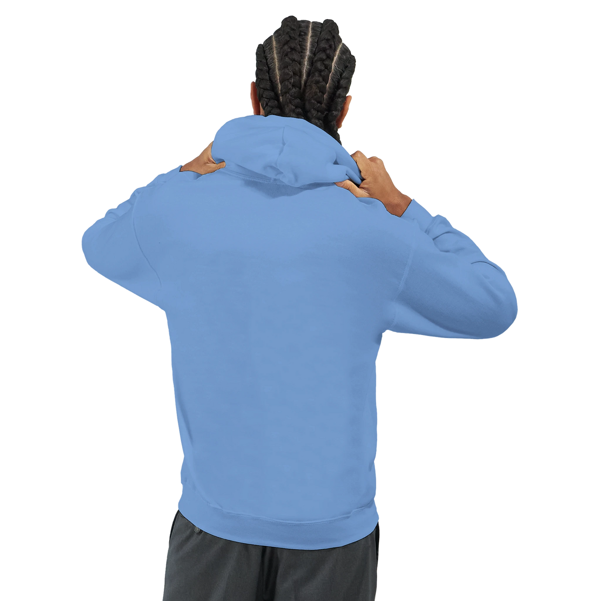 Back view of man wearing blue cotton-blend Men's Urban Teddy Bear Hoodie.