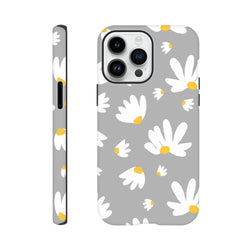 Grey Tough iPhone Case featuring white daisies with yellow centers on a utilitarian grey background for models 13-16.