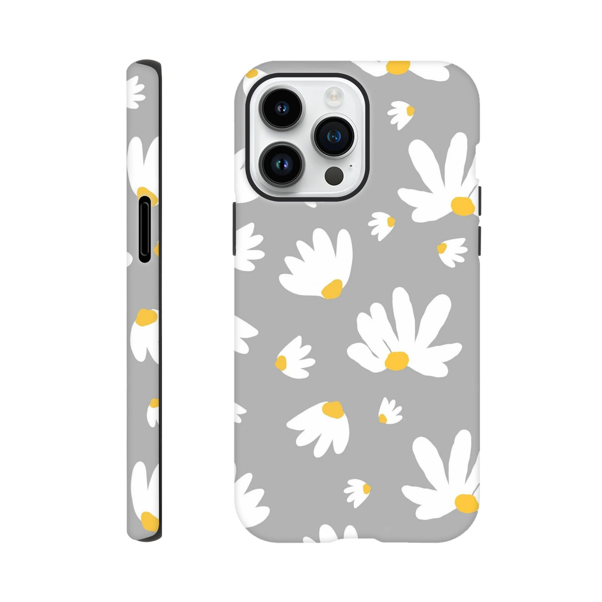 Grey Tough iPhone Case featuring white daisies with yellow centers on a utilitarian grey background for models 13-16.