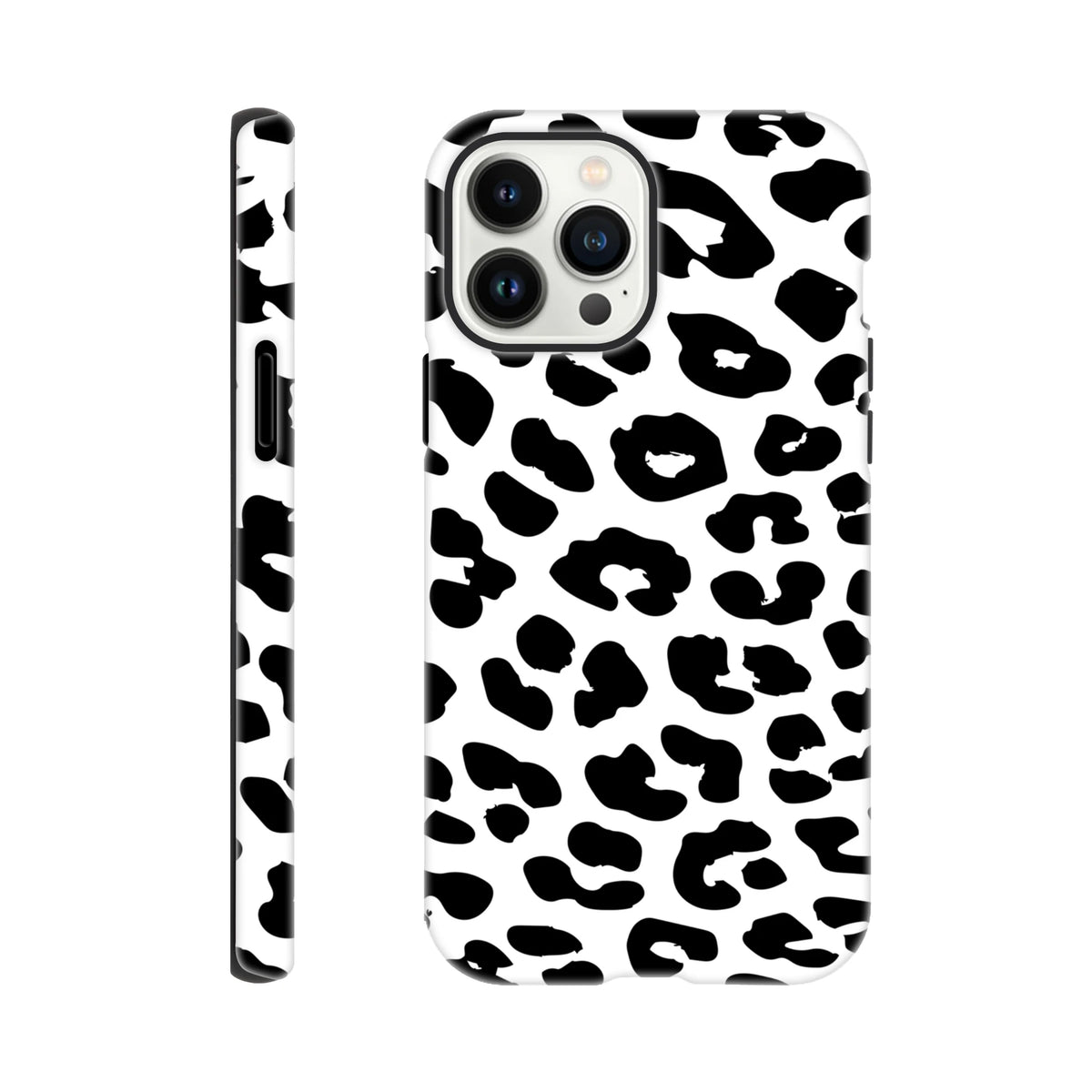Black and white snow leopard print tough iPhone case with shock-absorbing wrap-around design for iPhone 13-16.