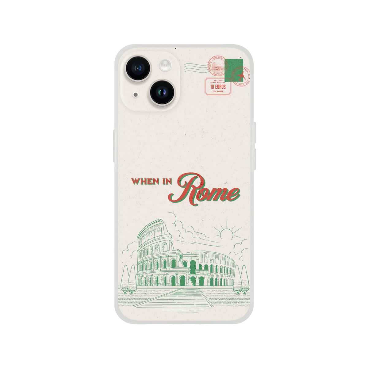 Vintage Rome postcard phone case for iPhone 13-16 with Colosseum illustration and postage stamps.