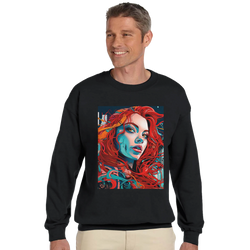 Urban pop art redhead portrait graphic sweatshirt on black jumper; bold streetwear.