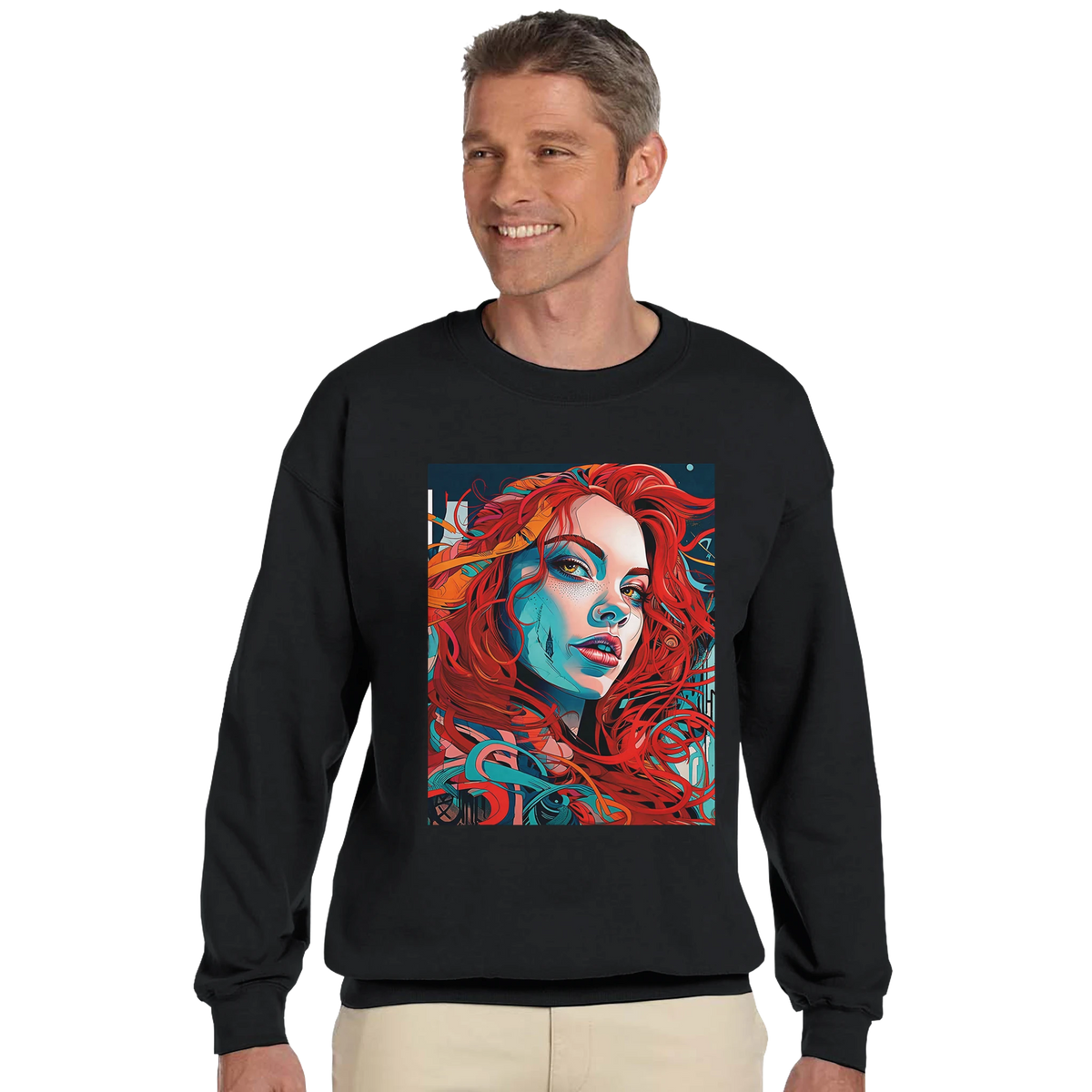 Urban pop art redhead portrait graphic sweatshirt on black jumper; bold streetwear.