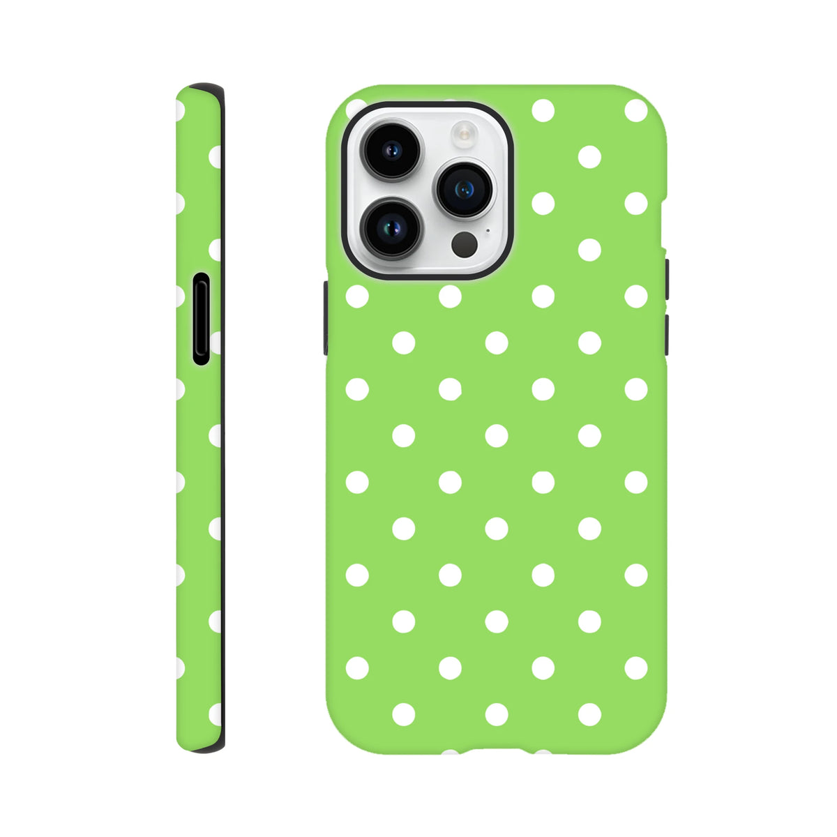 Green and white polka dot tough iPhone case with shock-absorbing TPU core and dual-layer protection for daily drop resistance.