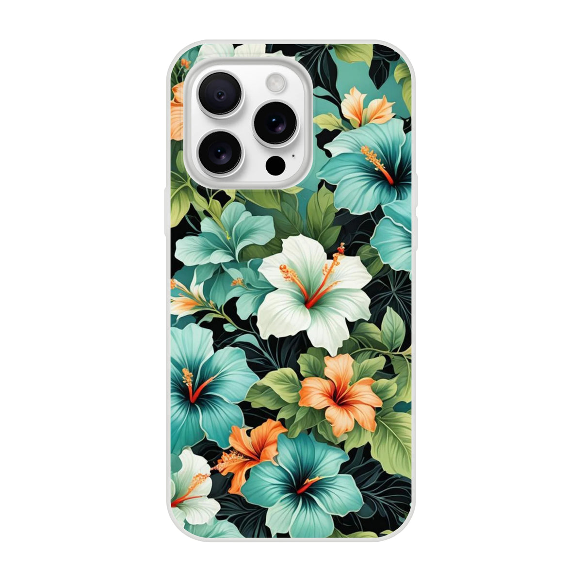 Tropical hibiscus floral iPhone case for iPhone 13-16 with Hawaiian pattern on a slim matte shell.