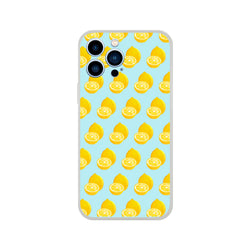 Pastel blue iPhone case featuring a vibrant yellow lemon pattern. Cute summer fruit design with shock-absorbing TPU protection for daily use.