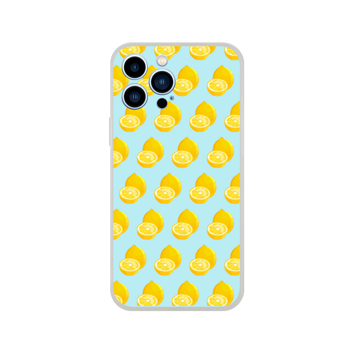 Pastel blue iPhone case featuring a vibrant yellow lemon pattern. Cute summer fruit design with shock-absorbing TPU protection for daily use.