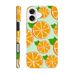 Cute tough iPhone case featuring a vibrant orange citrus slice pattern on mint green with reinforced bumpers for drop protection.