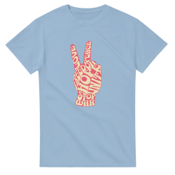 Light blue t-shirt featuring a retro pink peace sign hand graphic filled with vintage typography like love, freedom, and stop war.