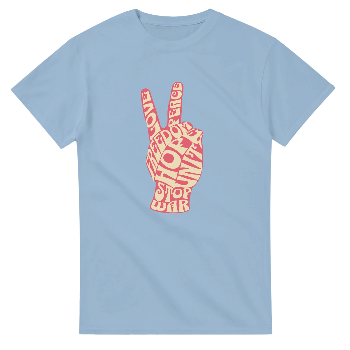 Light blue t-shirt featuring a retro pink peace sign hand graphic filled with vintage typography like love, freedom, and stop war.