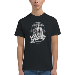 Gothic Glory men's graphic T-shirt in black featuring a statue, circular motif, and bold Glory script.