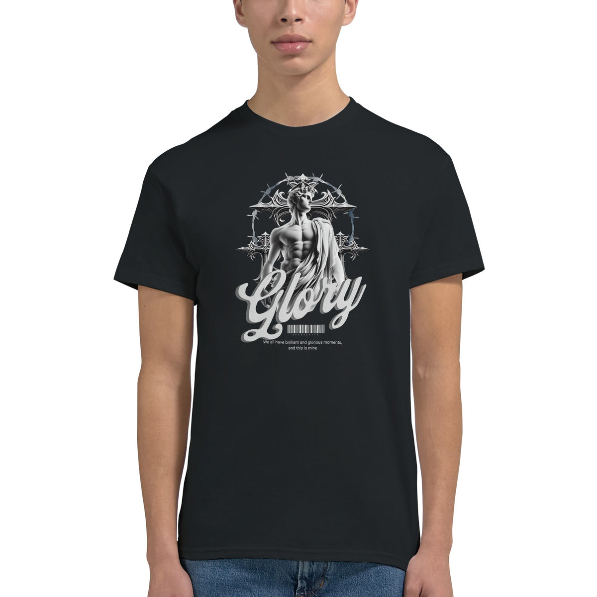 Gothic Glory men's graphic T-shirt in black featuring a statue, circular motif, and bold Glory script.