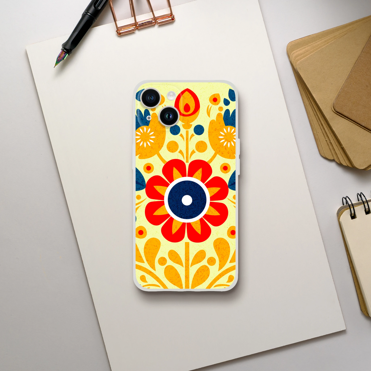Vintage Floral iPhone Case for 13-16 with retro aesthetic bold botanical design on yellow background