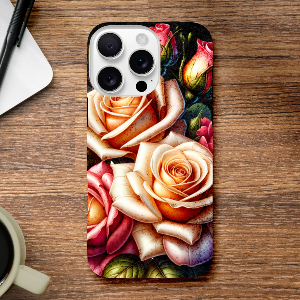 Romantic floral iPhone case with vintage rose gardening design and reinforced corners for impact protection on wood surface.