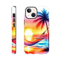 Vibrant tropical sunset iPhone case featuring a palm tree and hammock over ocean, designed as a tough protective cover.