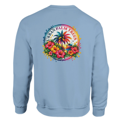 Light blue sweatshirt back featuring a retro tropical print with hibiscus flowers, palm trees, and a sunset beach scene.