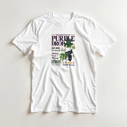 White women's vintage purple grape graphic T-shirt with retro typography and fruit design