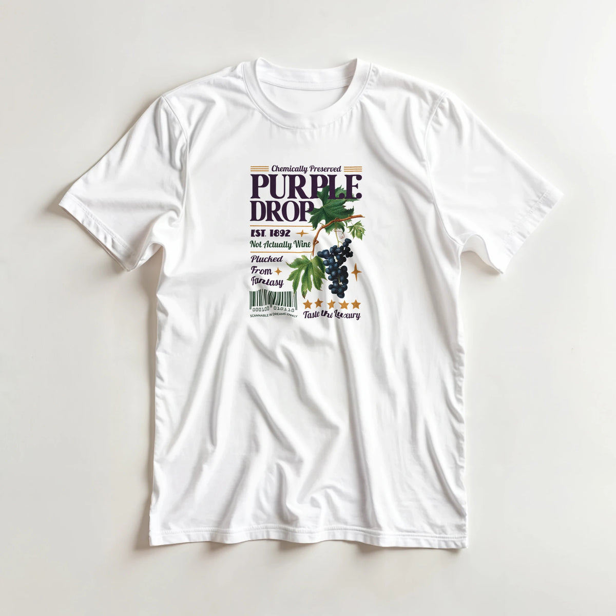 White women's vintage purple grape graphic T-shirt with retro typography and fruit design