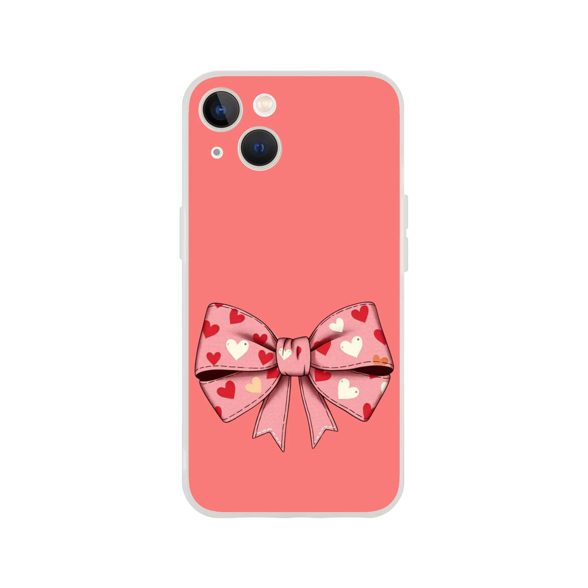 Cute pink and cream bow iPhone case (13–16) with heart-pattern bow on coral background, coquette aesthetic.