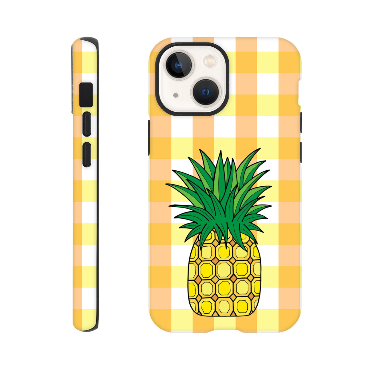 Yellow gingham iPhone case featuring a tropical pineapple illustration for durable drop protection and cute street style.